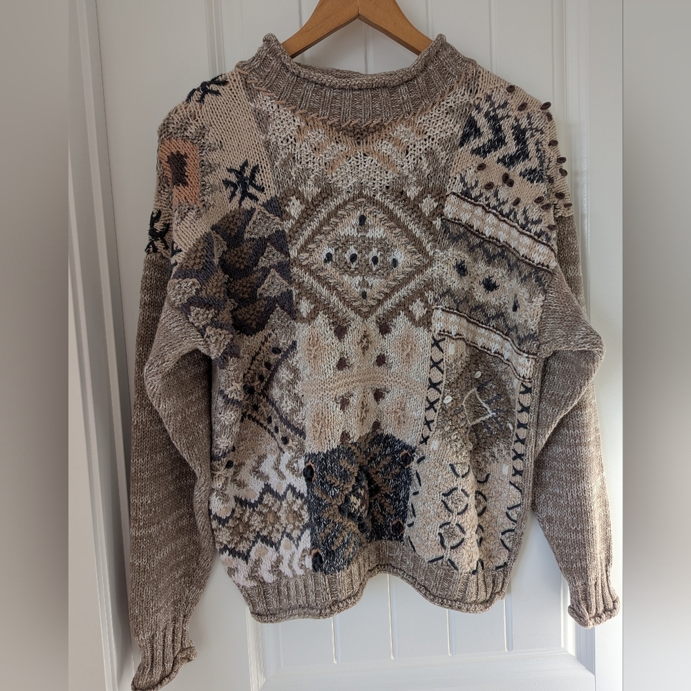 Vintage Cotton/Ramie Mock Neck Neutral Sweater Size M Taupe, Brown, Grey & Cream
